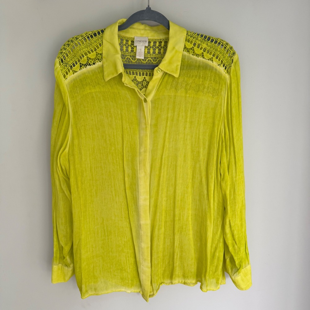 Chico's Chartreuse Yellow Long SLV Crochet Lace Button Up Blouse 3 XL FLAW